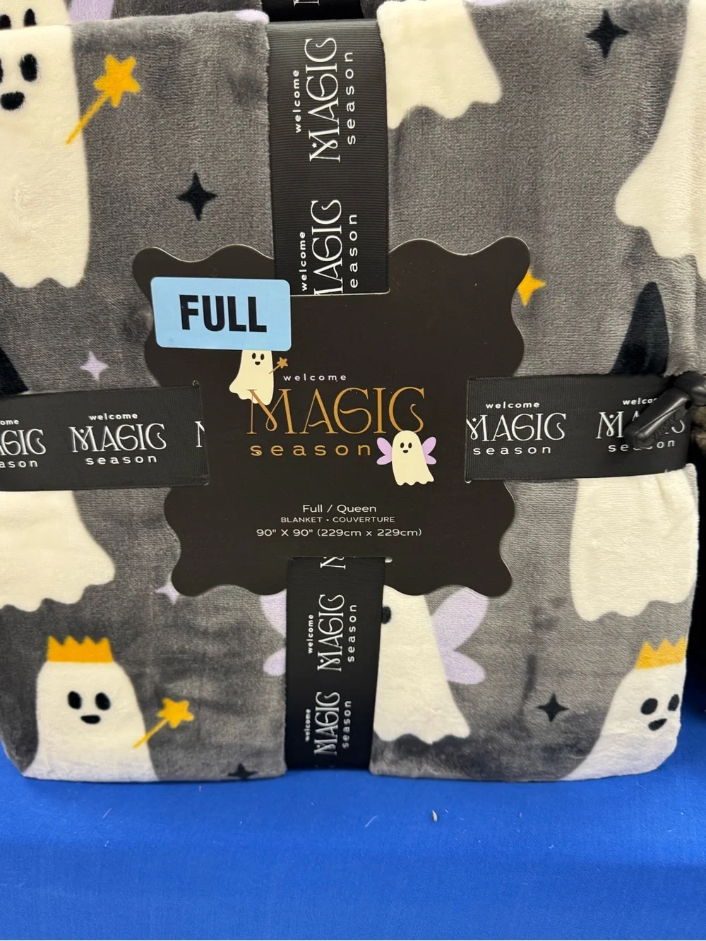 Magic Gray Plush queen blanket with Ghosts, Yellow Crowns and Star Accents